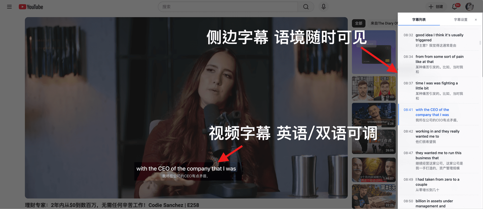 SubEnglish 侧边字幕面板实际效果